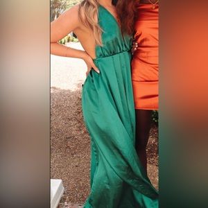 Green Satin formal dress with slit